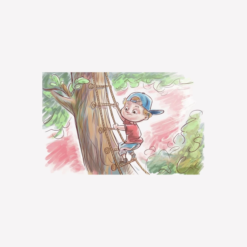 Adventurous Child Climbing Tree on Rope Ladder in Illustrated Nature Scene Male T-Shirt