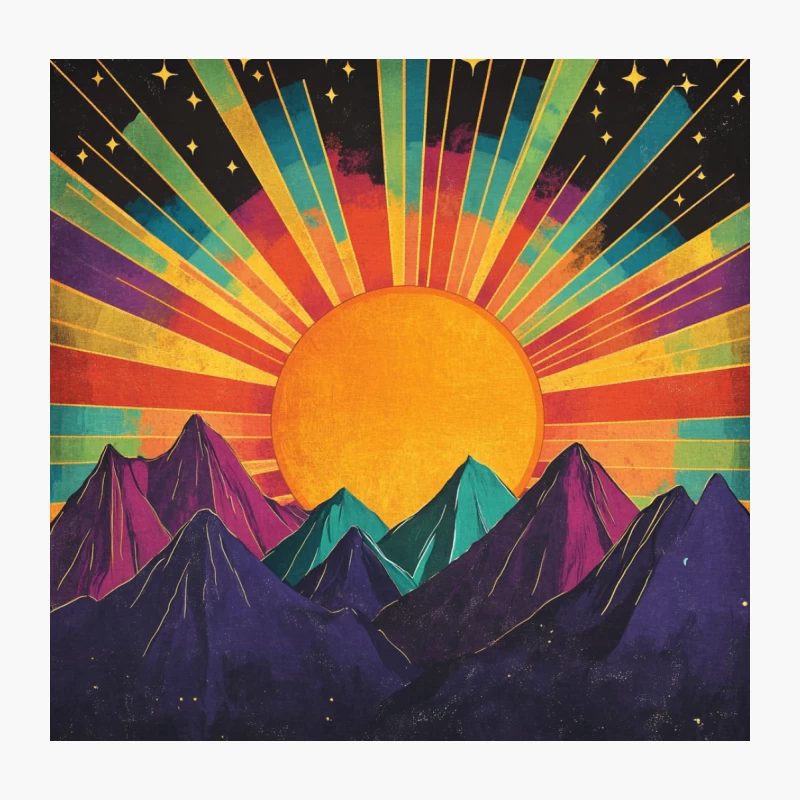 Psychedelic Mountain Sunset: Retro Colorful Abstract with Stars Throw Pillow
