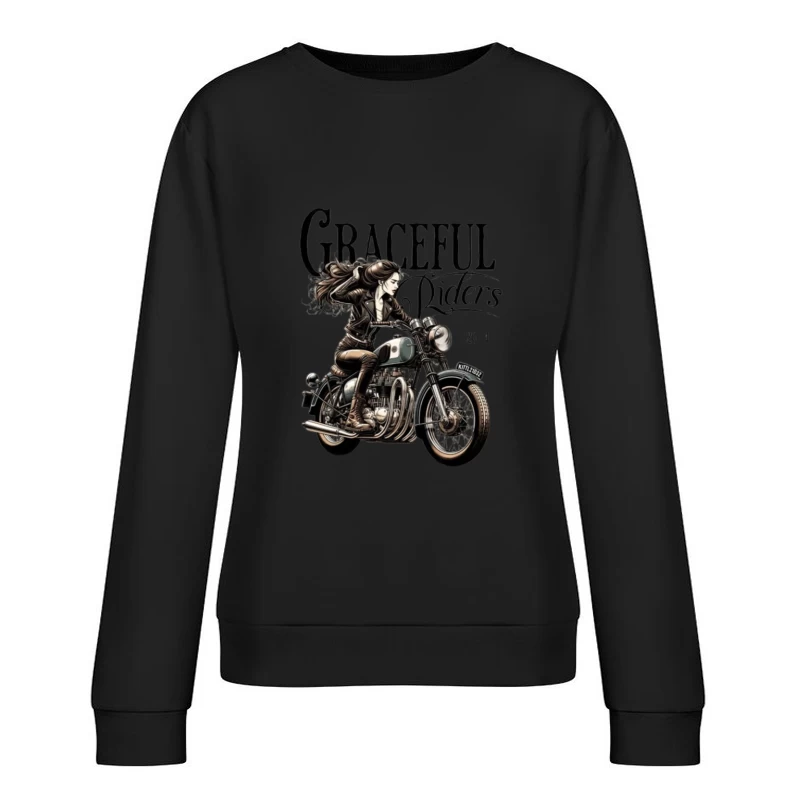 Graceful Riders: Vintage Motorcycle Art with Female Motorcyclist Female Pullover Sweatshirt