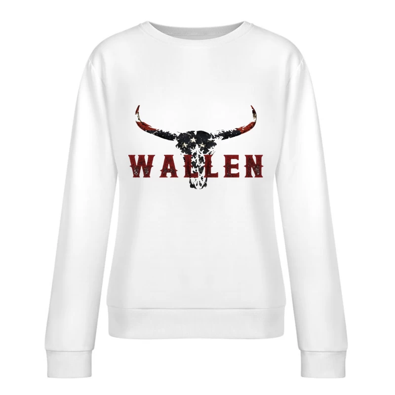 American Patriotic Western "Wallen" Logo with Flag-Patterned Bull Skull Female Pullover Sweatshirt