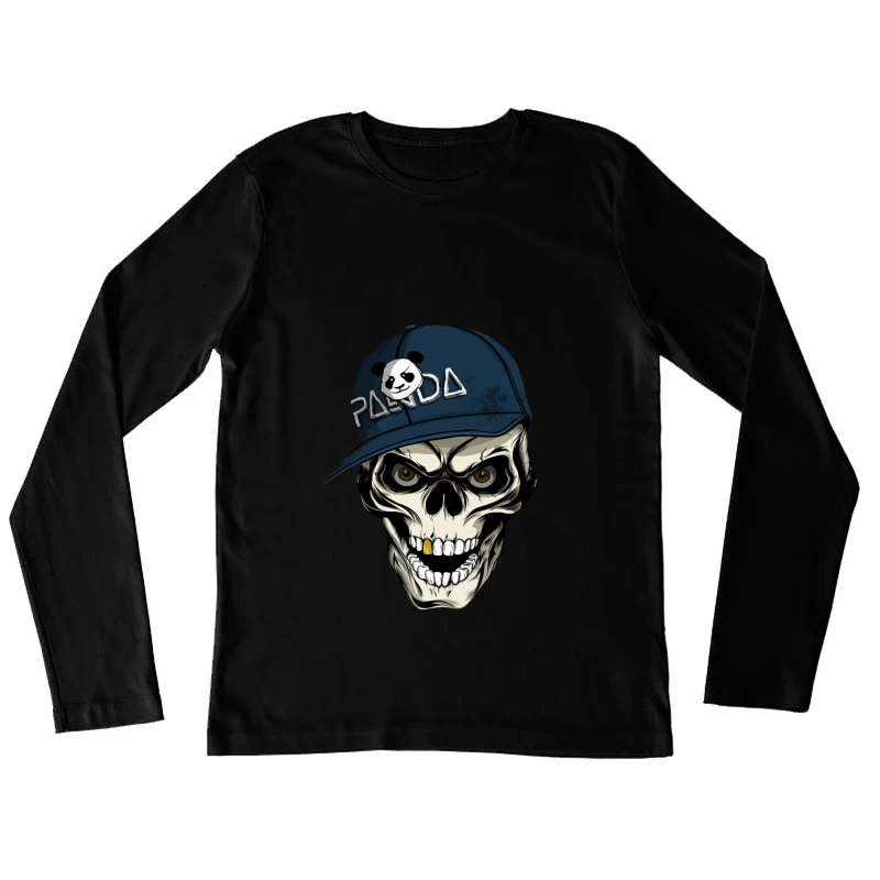 Skull with Panda Cap Graphic Illustration Female Long Sleeve T-Shirt