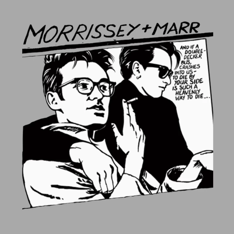 Black and White Comic Style Portrait of Morrissey and Marr with Dark Humor Quote Female Pullover Hoodie