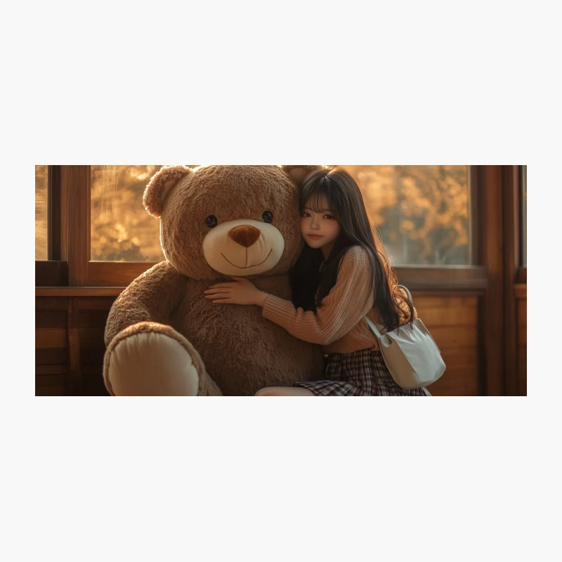 Cozy Comfort: Child Hugging Large Teddy Bear by Window Coffee Mug