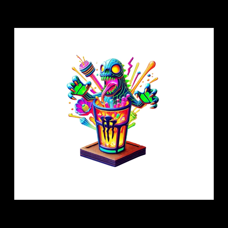 Psychedelic Monster Bursting from Colorful Drink Cup Tapestry