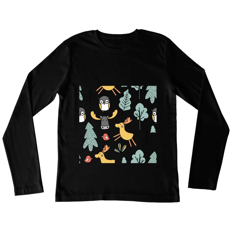 Animaux de la Forêt avec Hiboux et Rennes Femme Manches Longues T-Shirt