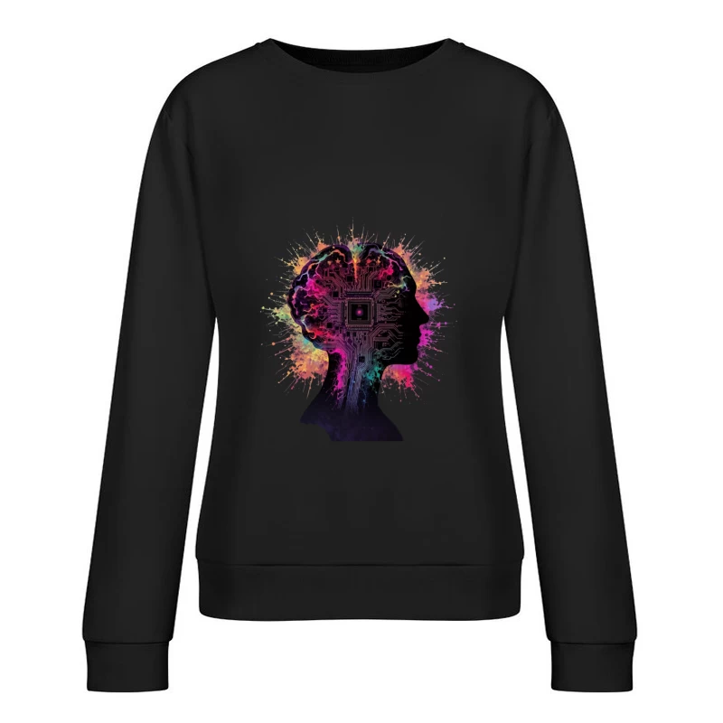 Digital Mind: AI Circuit Profile with Colorful Neural Splashes Female Pullover Sweatshirt