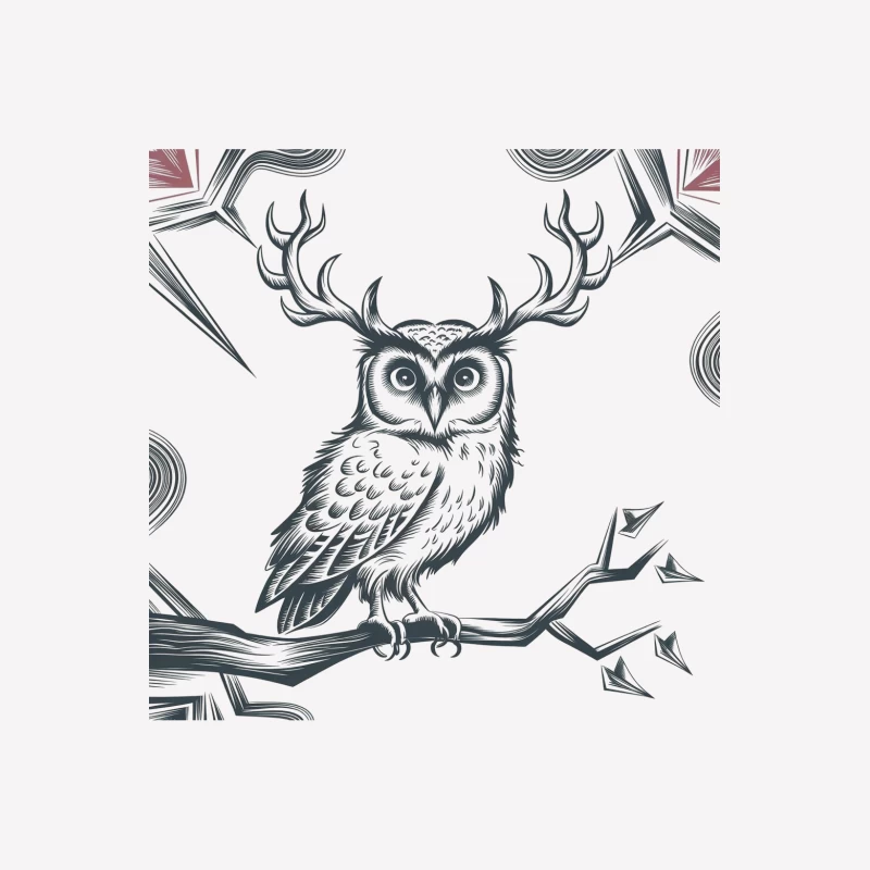 Surreal Owl with Antlers: Black and White Fantasy Illustration Female T-Shirt
