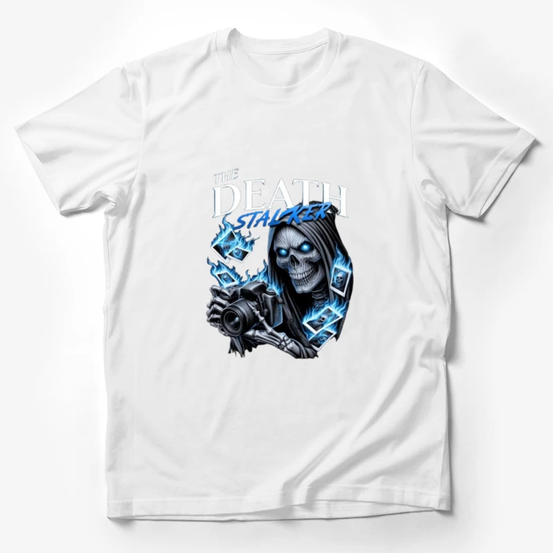 The Death Stalker: Skeletal Photographer with Blue Flames Male T-Shirt