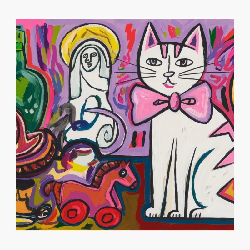 Whimsical Abstract Pop Art with Cat and Figurative Elements Throw Pillow
