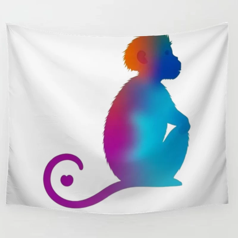 Colorful Gradient Monkey Silhouette with Curled Tail Tapestry