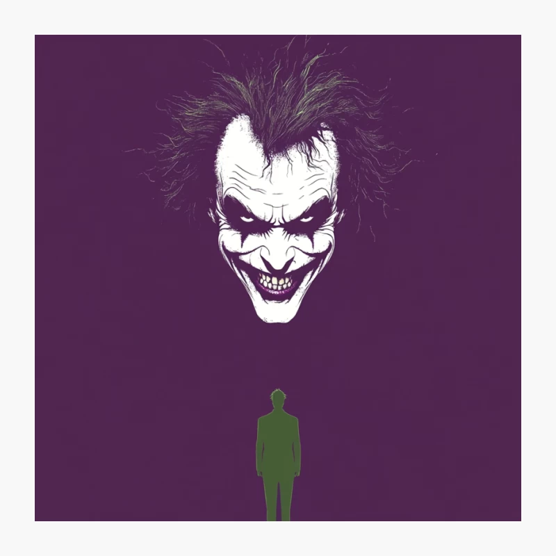 Ominous Joker Face Looms Over Silhouette on Purple Background Pin