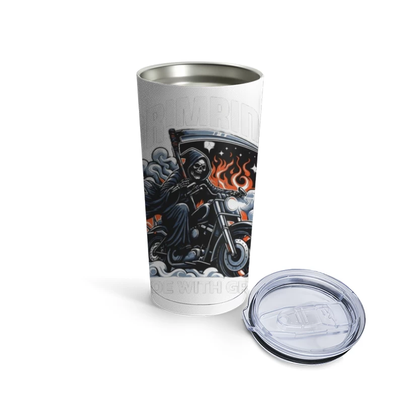 Grim Reaper's Fiery Motorcycle Ride Travel Mug