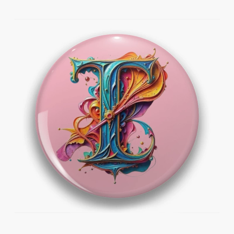 Ornate Colorful Letter T Typography with Decorative Flourishes Pin