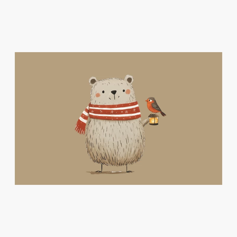 Cute Illustrated Bear with Winter Scarf and Bird Friend Holding Lantern Travel Mug