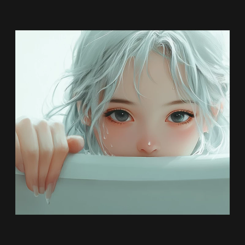 Ethereal Anime Girl Peeking from Pastel-Haired Bathtub Mouse Pad