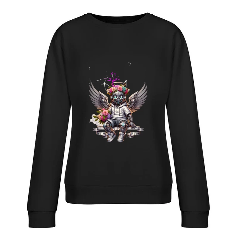 Angelic Steampunk Robot with Floral Crown and Wings Female Pullover Sweatshirt