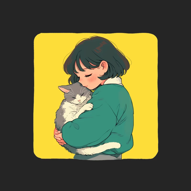 Gentle Embrace: Girl in Green Cuddling Gray Cat Male Pullover Sweatshirt