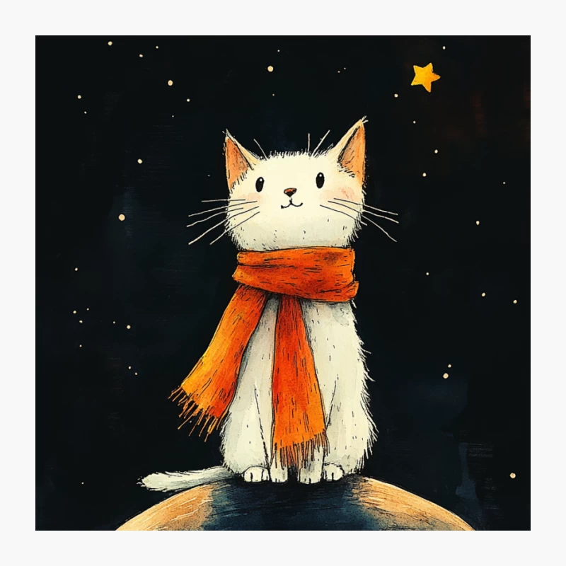 Whimsical Cat in Space: A Cute Illustration of a Scarfed Feline on a Planet Under the Stars Pin
