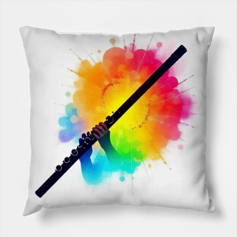 Rainbow Flute with Colorful Watercolor Splash Effect Throw Pillow