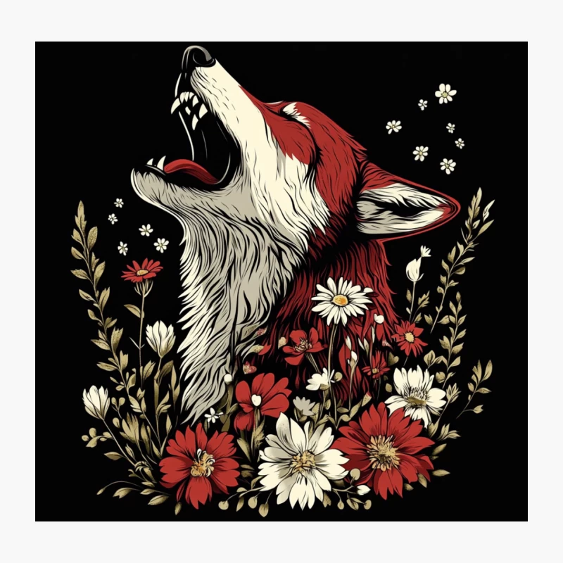 Howling Wolf Amidst Blooming Flowers: A Striking Illustration Throw Pillow