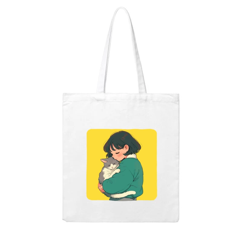 Gentle Embrace: Girl in Green Cuddling Gray Cat Cotton Tote Bag