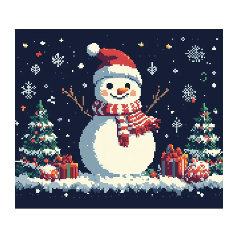 Festive Pixel Art Snowman in Winter Christmas Night Scene Tapestry
