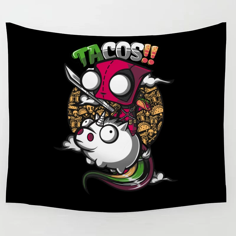 Colorful Cartoon of Tacos with a Unicorn and Knife-wielding Character Tapestry