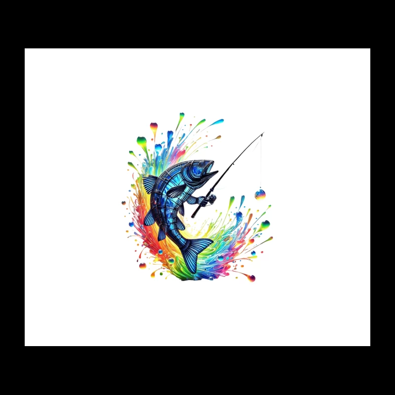 Rainbow Splatter Fish with Fishing Rod Art Tapestry