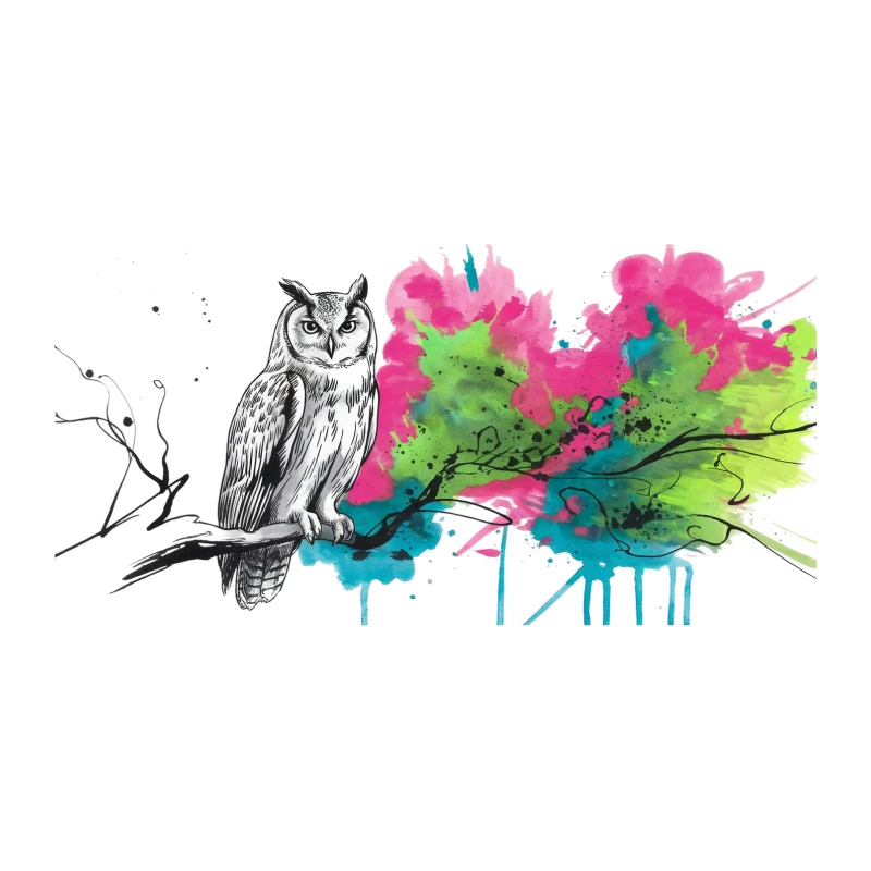 Monochrome Owl Meets Vibrant Watercolor Splash Tapestry