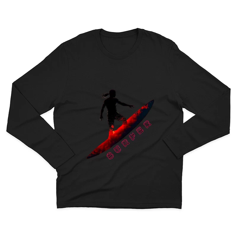 Dynamic Surfer Silhouette with Red Wave Effect Male Long Sleeve T-Shirt