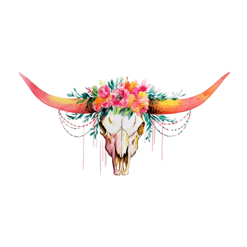 Colorful Boho Watercolor Skull with Floral Decoration Tapestry