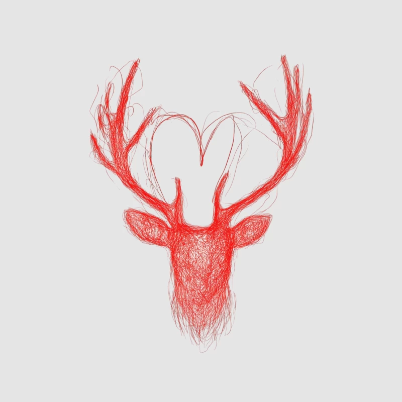 Red Sketched Deer Head with Antlers Female Pullover Hoodie