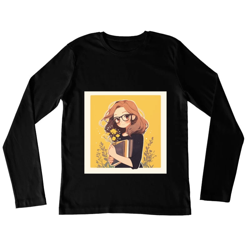 Bookish Girl with Yellow Flowers - Anime Style Illustration Female Long Sleeve T-Shirt