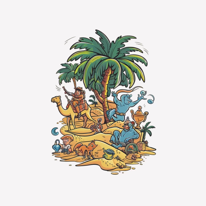 cartoon desert palm tree camel genie treasure animals adventure Male T-Shirt