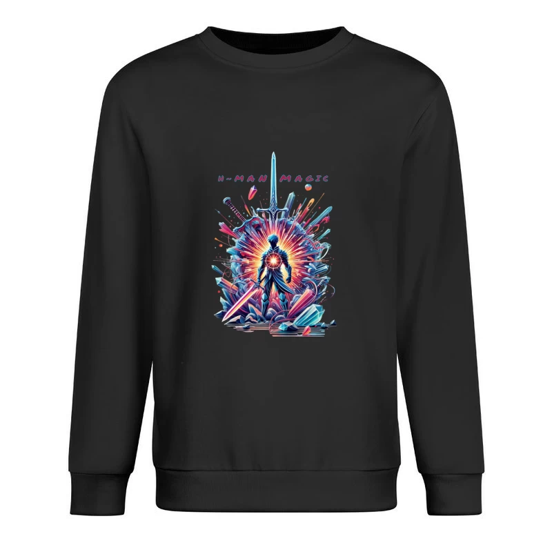 Mystical Warrior Silhouette with Magical Sword Burst Male Pullover Sweatshirt