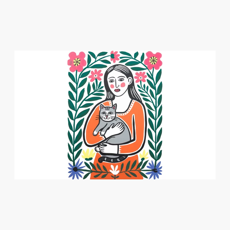Whimsical Folk Art: Woman Embracing Cat Amidst Floral Beauty Travel Mug
