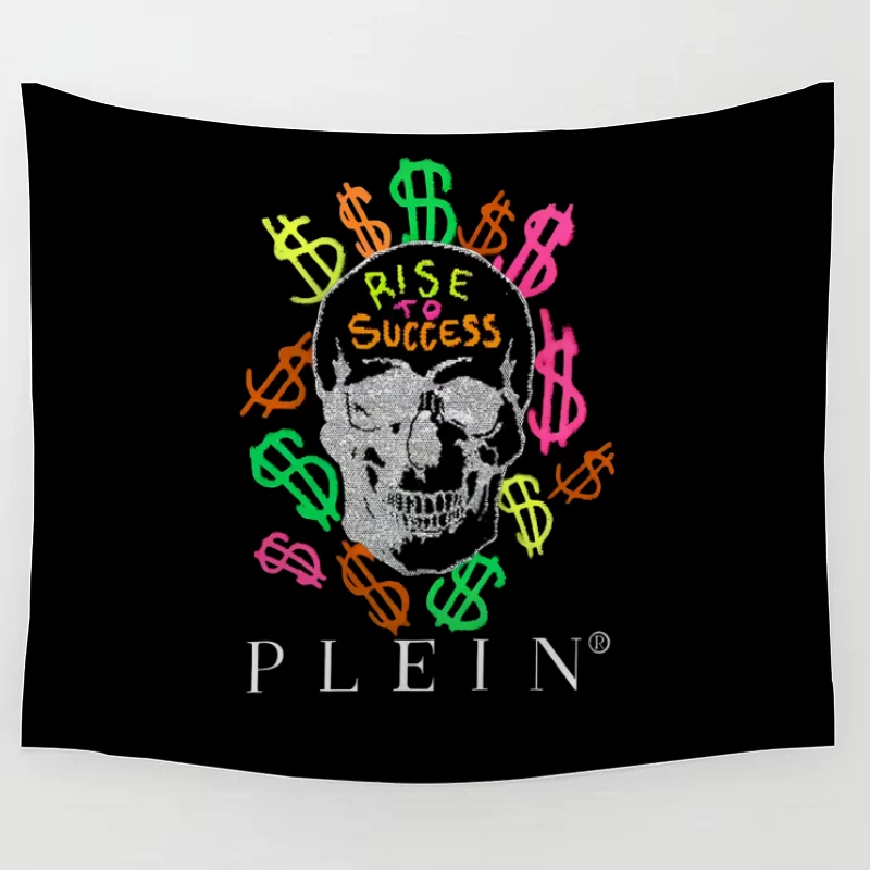 Colorful Skull Money Motivation Art: Rise to Success Tapestry