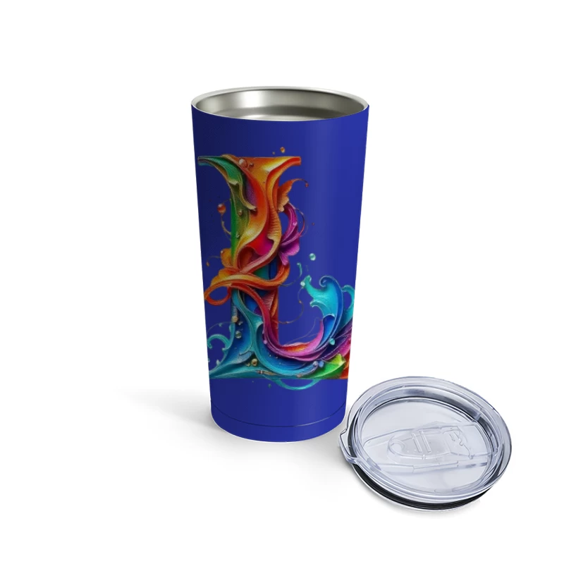 Vibrant Liquid Rainbow Letter L Artistic Typography Travel Mug