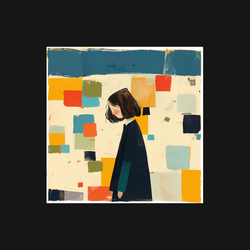 Minimalist Illustration of Figure in Black Coat Against Colorful Abstract Squares Female Long Sleeve T-Shirt