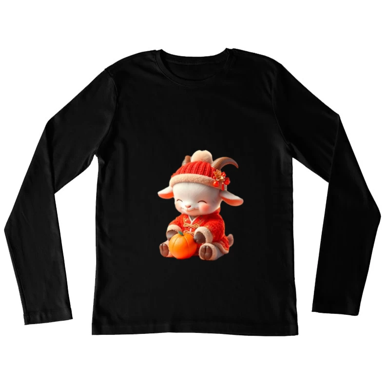Niedliche Ziege im roten Outfit mit Mandarine Damen Langarm T-Shirt