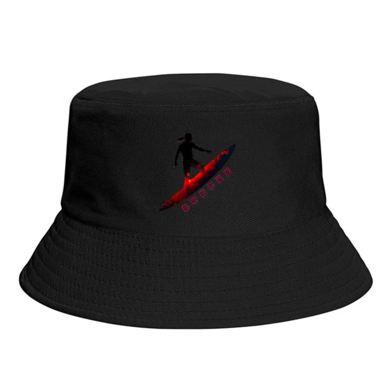 Dynamic Surfer Silhouette with Red Wave Effect Bucket Hat