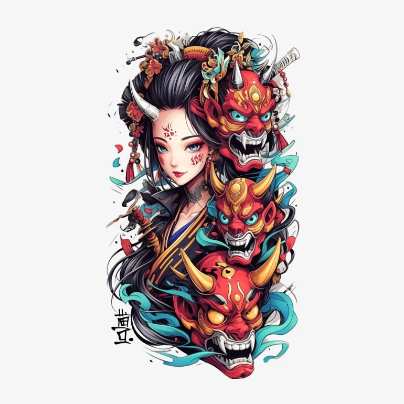 Geisha mit Oni-Masken und Blumen Damen Pullover Sweatshirt