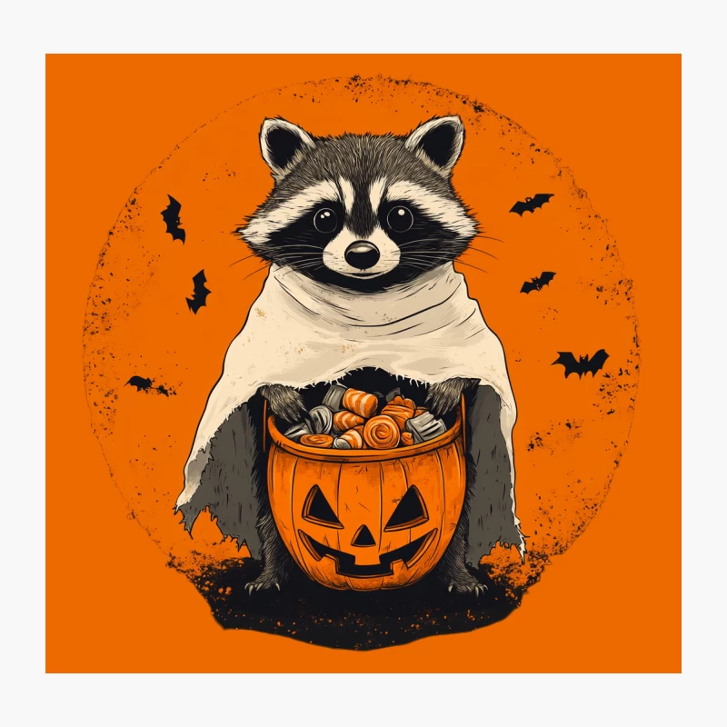 Costumed Raccoon with Halloween Pumpkin and Candy Throw Pillow
