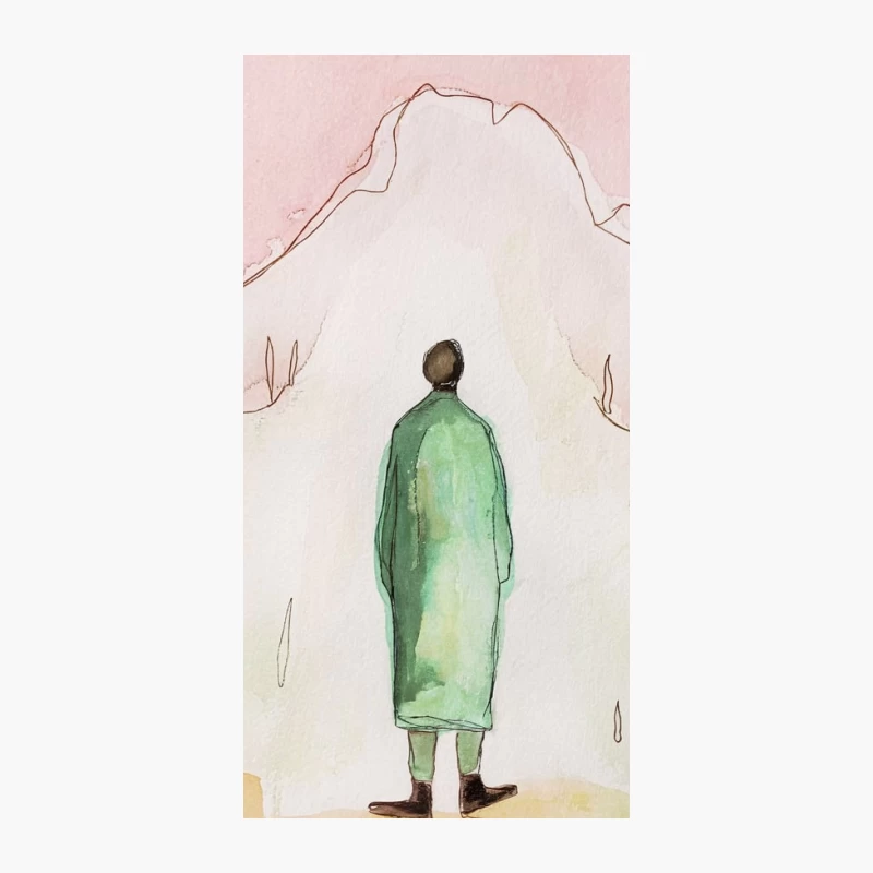 Solitary Figure in Green Coat Facing Mountain Landscape iPhone Case