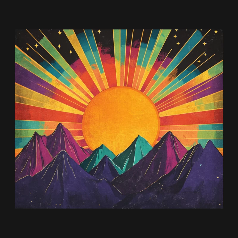 Psychedelic Mountain Sunset: Retro Colorful Abstract with Stars Mouse Pad