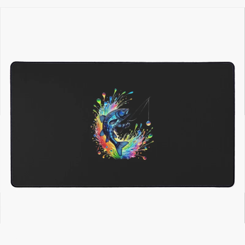 Rainbow Splatter Fish with Fishing Rod Art Desk Mat