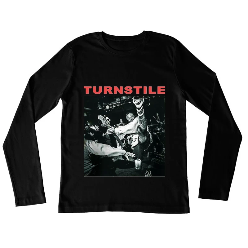 Energetic Black and White Hardcore Punk Concert Action Shot Female Long Sleeve T-Shirt