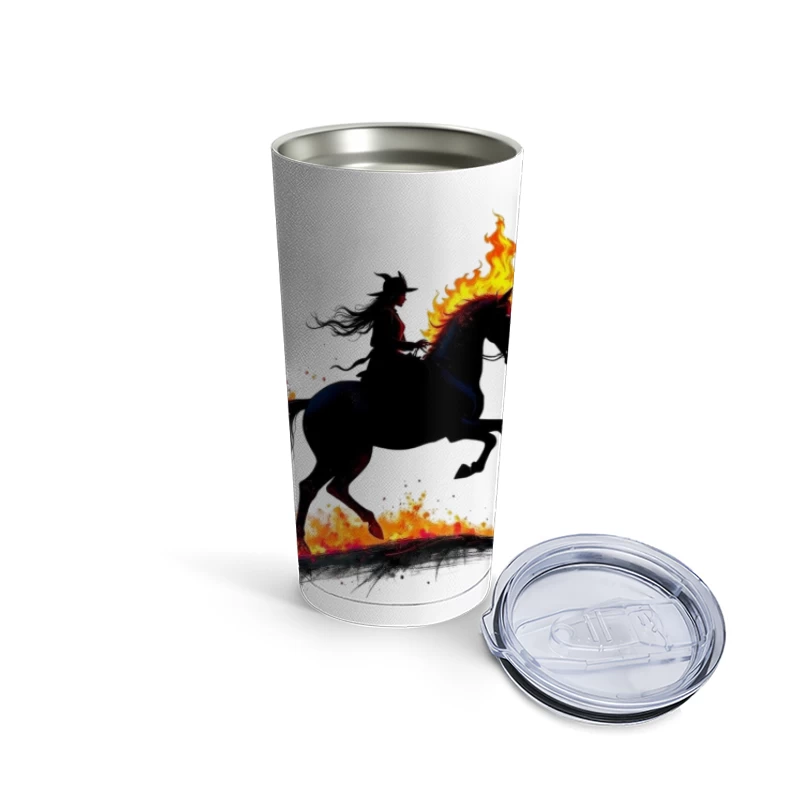 Mystical Dark Rider with Flaming Horse Silhouette Travel Mug