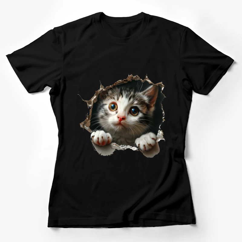 Kätzchen schaut durch Loch in Papier Damen T-Shirt