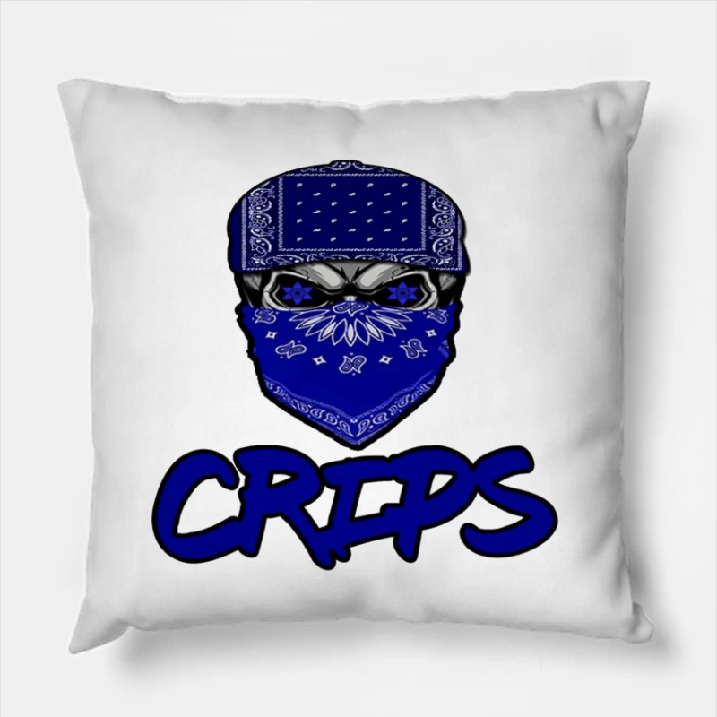 Blue Bandana Skull with Crips Gang Symbol Throw Pillow